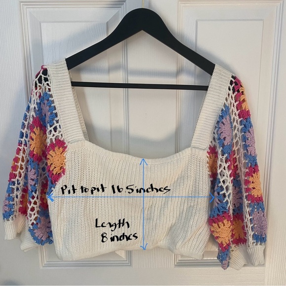White Knit cropped Top with Multicolor Crochet Sleeves - Picture 7 of 9